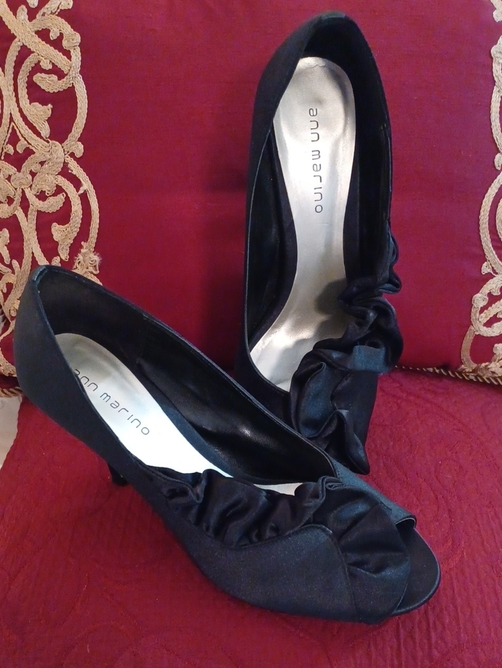Ann Marino Black Ruffled Peep-Toe Heels